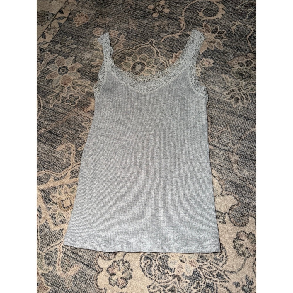 Uniqlo Lace Trim Cotton Ribbed Tank Top Gray